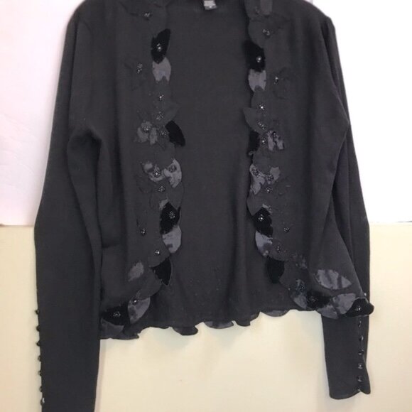 Nougat London Silk Velvet Embellished Floral Cardigan Fitted Knit Sweater Top L - Picture 14 of 16